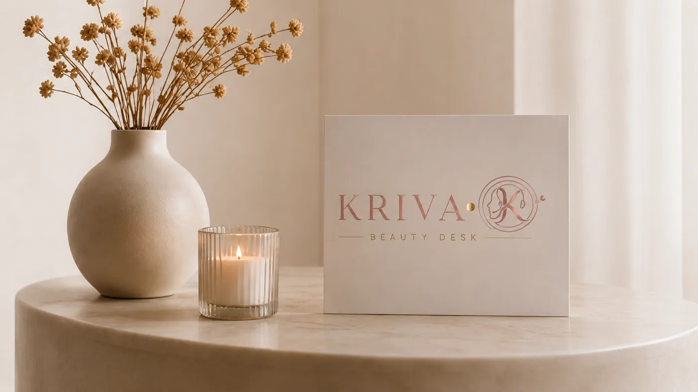 Univers Kriva Beauty Desk — vase, bougie et carte de marque