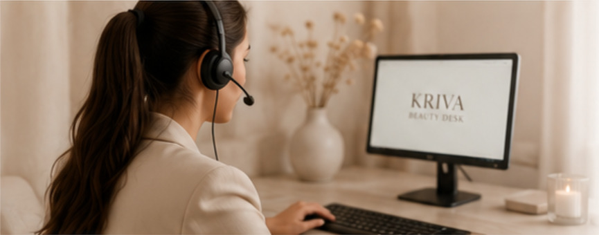 Opératrice Kriva Beauty Desk au téléphone, ambiance éditoriale