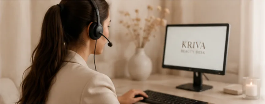 Opératrice Kriva Beauty Desk au téléphone, ambiance éditoriale